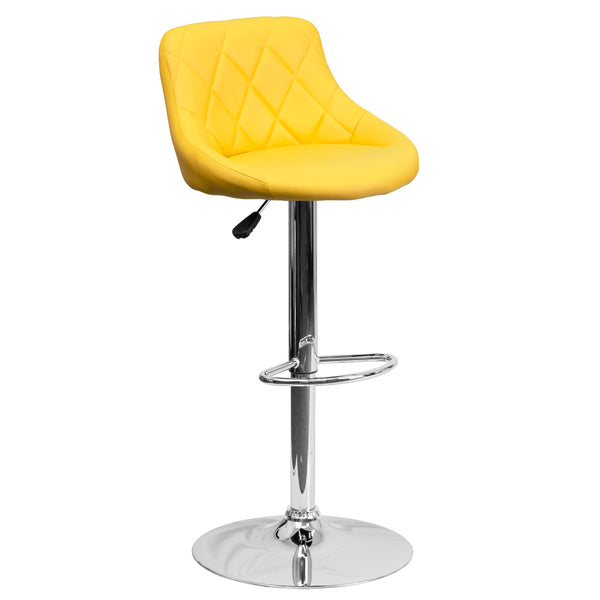 Yellow |#| Yellow Vinyl Bucket Seat Adjustable Height Barstool with Diamond Pattern Back