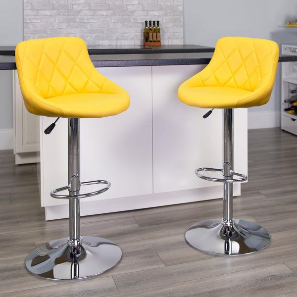 Yellow |#| Yellow Vinyl Bucket Seat Adjustable Height Barstool with Diamond Pattern Back