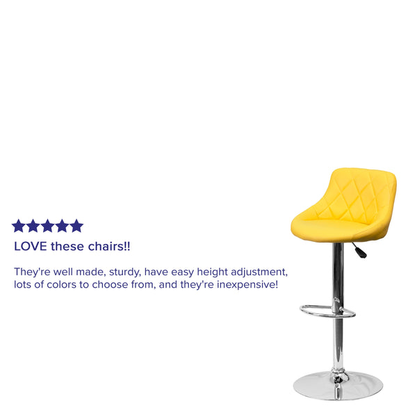 Yellow |#| Yellow Vinyl Bucket Seat Adjustable Height Barstool with Diamond Pattern Back