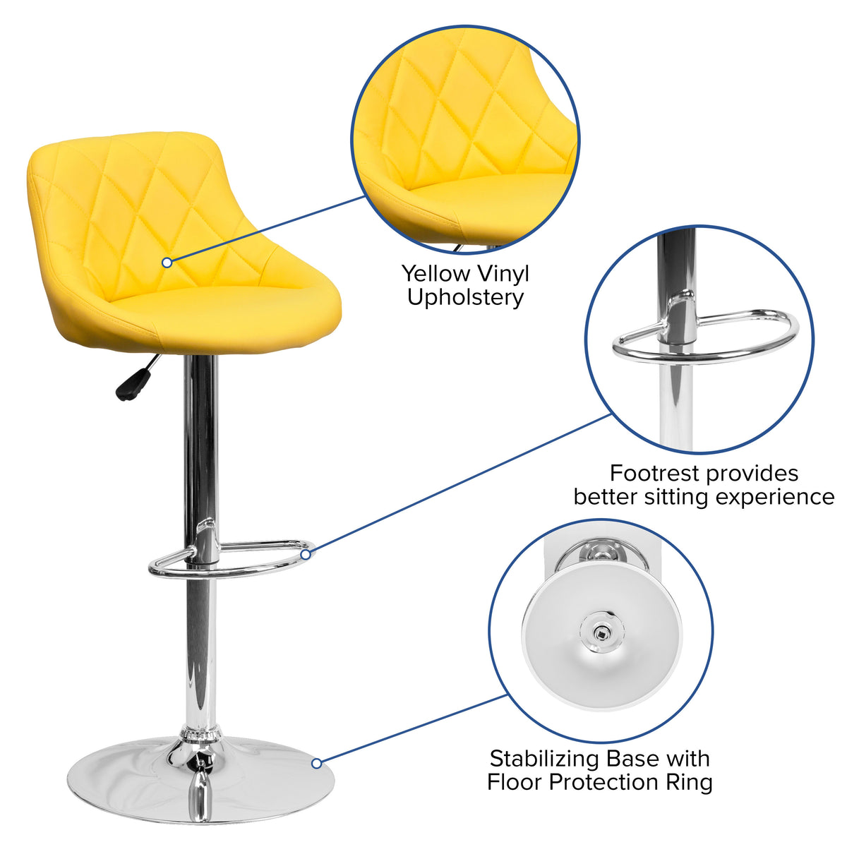 Yellow |#| Yellow Vinyl Bucket Seat Adjustable Height Barstool with Diamond Pattern Back