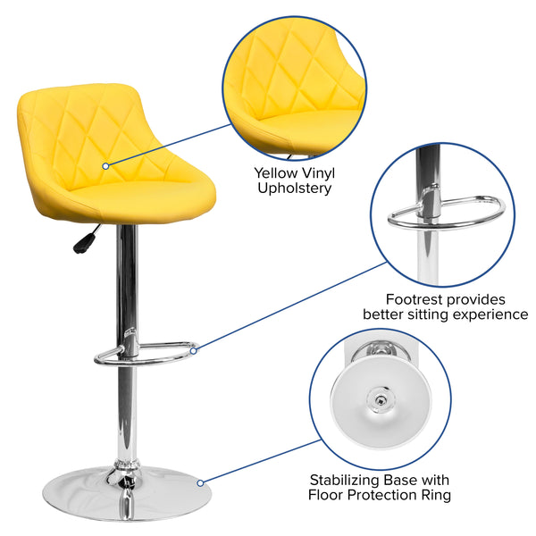 Yellow |#| Yellow Vinyl Bucket Seat Adjustable Height Barstool with Diamond Pattern Back