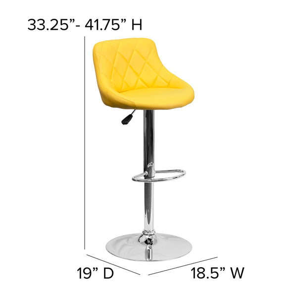 Yellow |#| Yellow Vinyl Bucket Seat Adjustable Height Barstool with Diamond Pattern Back