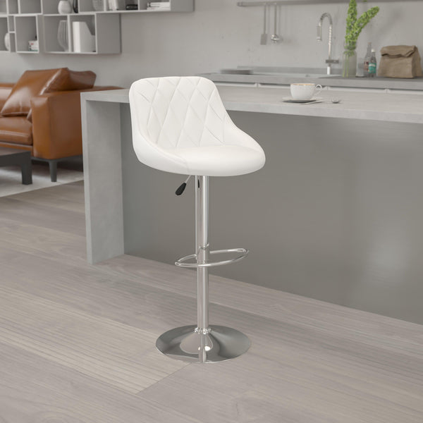White |#| White Vinyl Bucket Seat Adjustable Height Barstool with Diamond Pattern Back