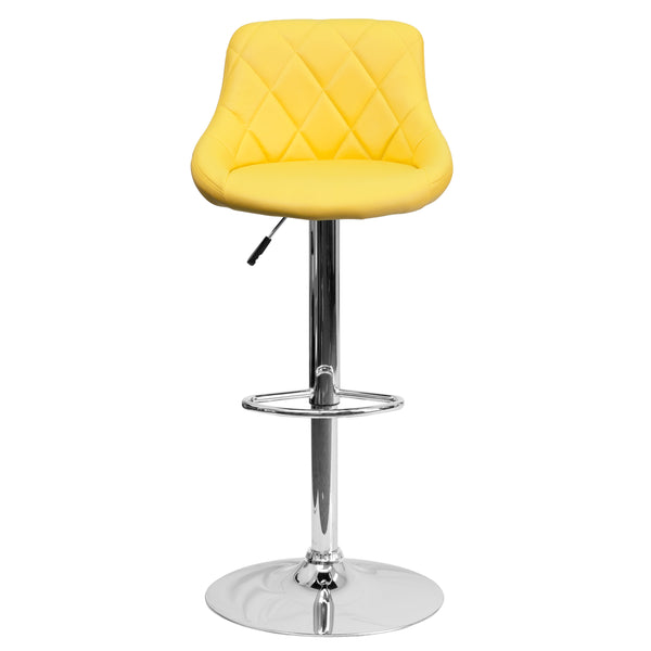 Yellow |#| Yellow Vinyl Bucket Seat Adjustable Height Barstool with Diamond Pattern Back