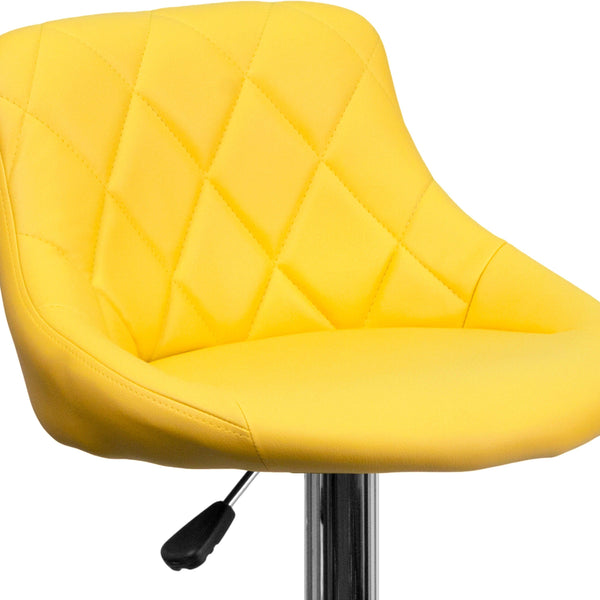 Yellow |#| Yellow Vinyl Bucket Seat Adjustable Height Barstool with Diamond Pattern Back