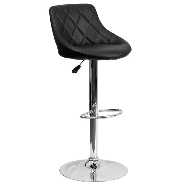 Black |#| Black Vinyl Bucket Seat Adjustable Height Barstool with Diamond Pattern Back