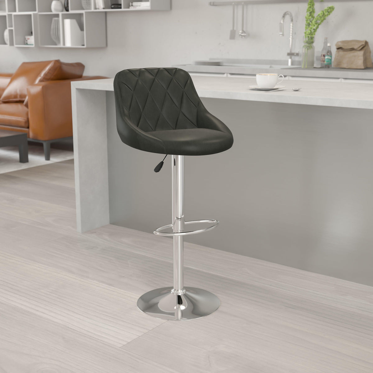 Black |#| Black Vinyl Bucket Seat Adjustable Height Barstool with Diamond Pattern Back