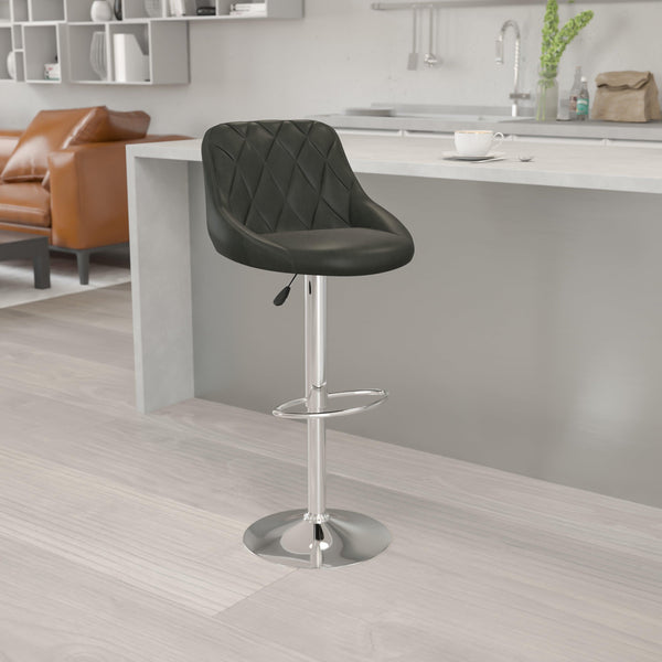 Black |#| Black Vinyl Bucket Seat Adjustable Height Barstool with Diamond Pattern Back