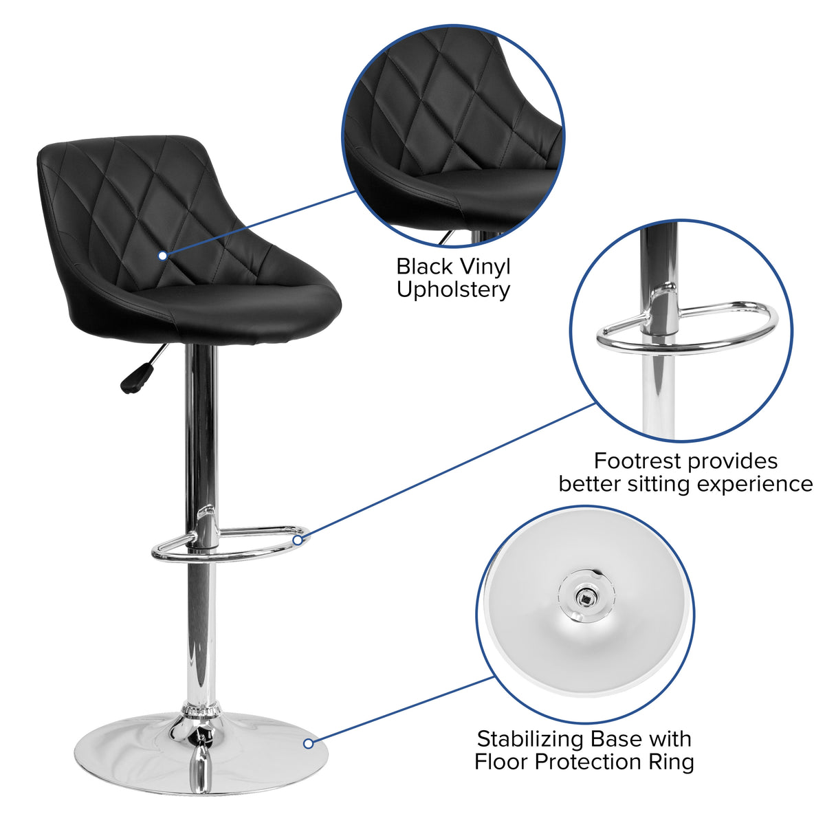Black |#| Black Vinyl Bucket Seat Adjustable Height Barstool with Diamond Pattern Back