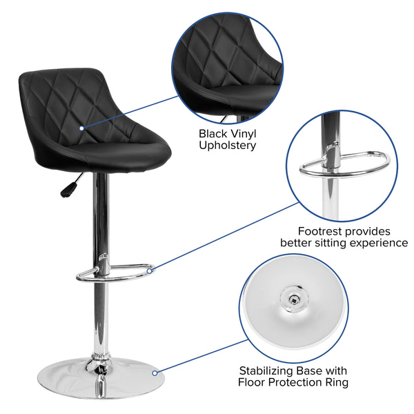 Black |#| Black Vinyl Bucket Seat Adjustable Height Barstool with Diamond Pattern Back