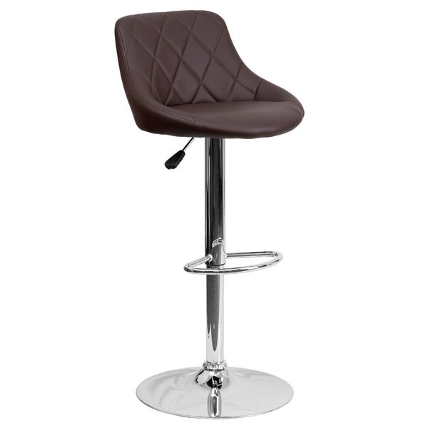Brown |#| Brown Vinyl Bucket Seat Adjustable Height Barstool with Diamond Pattern Back