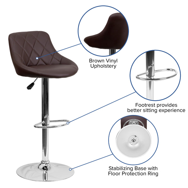 Brown |#| Brown Vinyl Bucket Seat Adjustable Height Barstool with Diamond Pattern Back