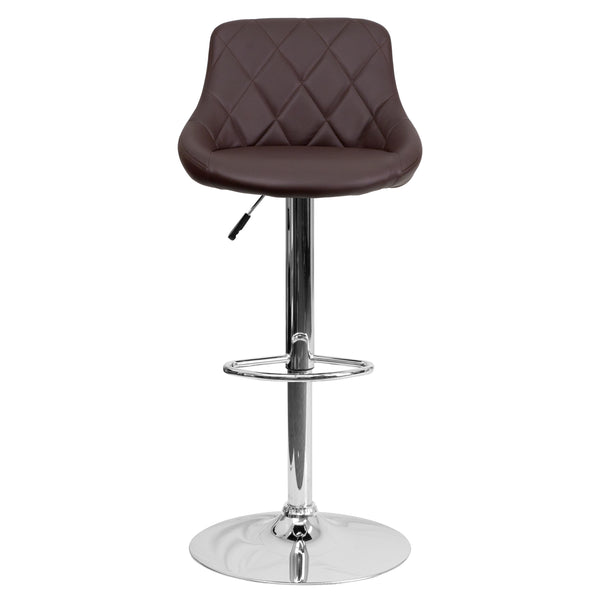 Brown |#| Brown Vinyl Bucket Seat Adjustable Height Barstool with Diamond Pattern Back