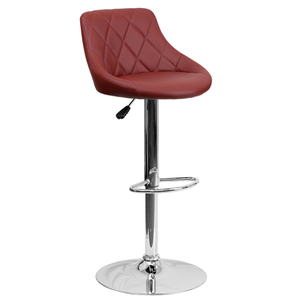 Burgundy |#| Burgundy Vinyl Bucket Seat Adjustable Height Barstool with Diamond Pattern Back