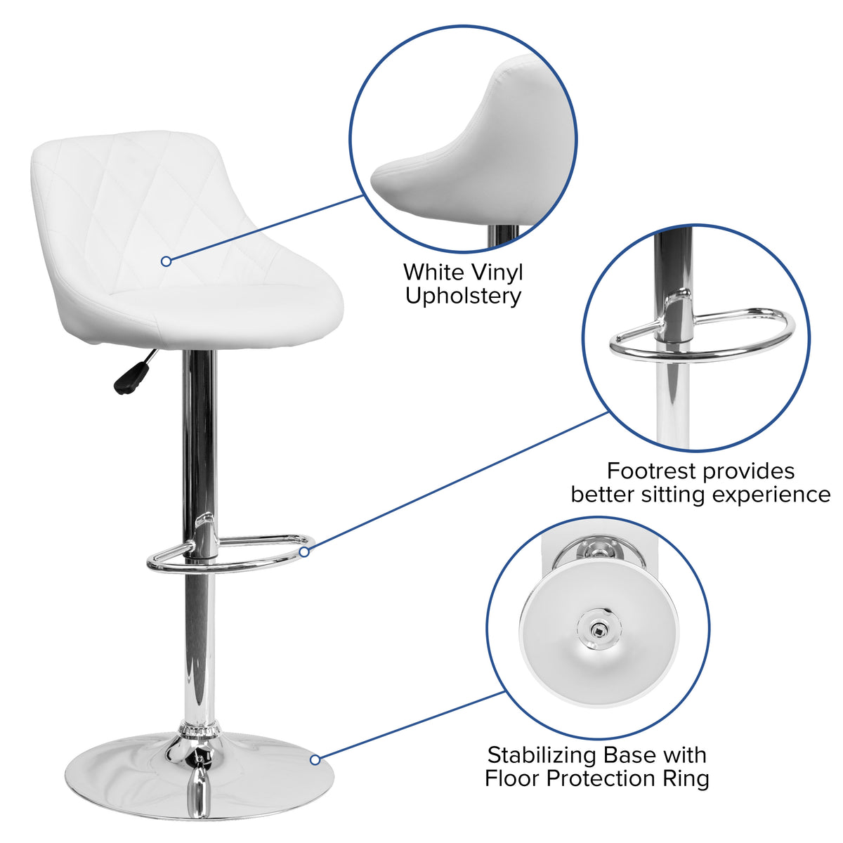White |#| White Vinyl Bucket Seat Adjustable Height Barstool with Diamond Pattern Back