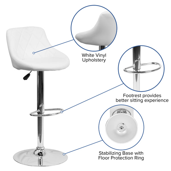 White |#| White Vinyl Bucket Seat Adjustable Height Barstool with Diamond Pattern Back