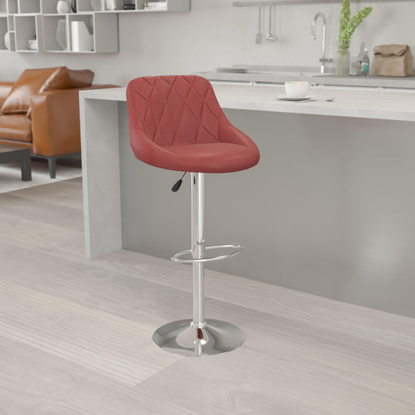 Burgundy |#| Burgundy Vinyl Bucket Seat Adjustable Height Barstool with Diamond Pattern Back