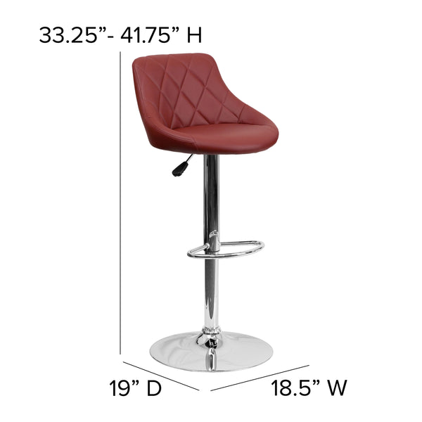 Burgundy |#| Burgundy Vinyl Bucket Seat Adjustable Height Barstool with Diamond Pattern Back