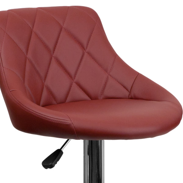 Burgundy |#| Burgundy Vinyl Bucket Seat Adjustable Height Barstool with Diamond Pattern Back