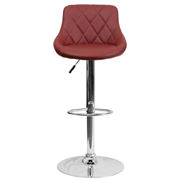 Burgundy |#| Burgundy Vinyl Bucket Seat Adjustable Height Barstool with Diamond Pattern Back