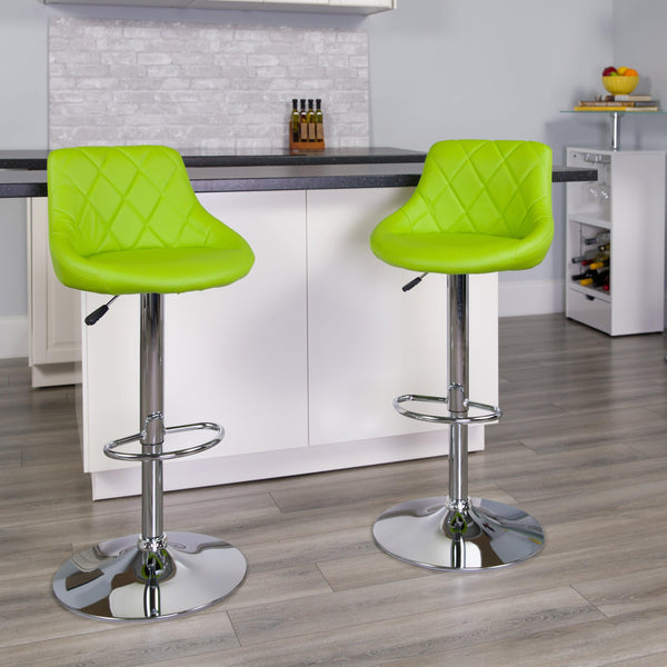 Green |#| Green Vinyl Bucket Seat Adjustable Height Barstool with Diamond Pattern Back