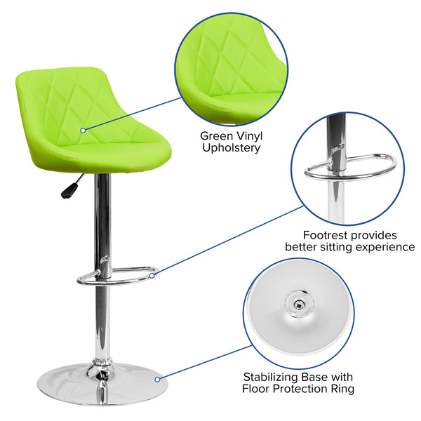 Green |#| Green Vinyl Bucket Seat Adjustable Height Barstool with Diamond Pattern Back