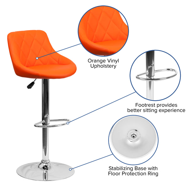 Orange |#| Orange Vinyl Bucket Seat Adjustable Height Barstool with Diamond Pattern Back