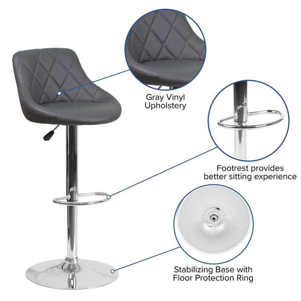 Gray |#| Contemporary Gray Vinyl Bucket Seat Adjustable Height Barstool with Chrome Base