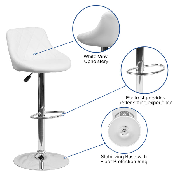 White |#| White Vinyl Bucket Seat Adjustable Height Barstool with Diamond Pattern Back