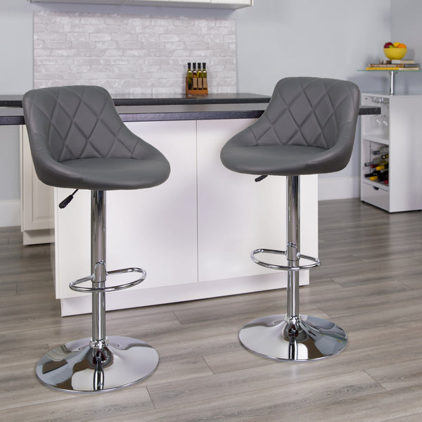Gray |#| Contemporary Gray Vinyl Bucket Seat Adjustable Height Barstool with Chrome Base