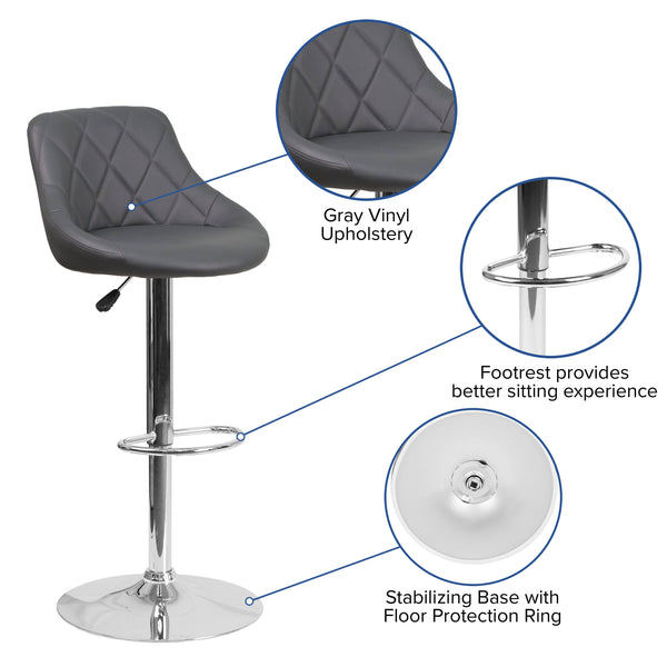 Gray |#| Contemporary Gray Vinyl Bucket Seat Adjustable Height Barstool with Chrome Base