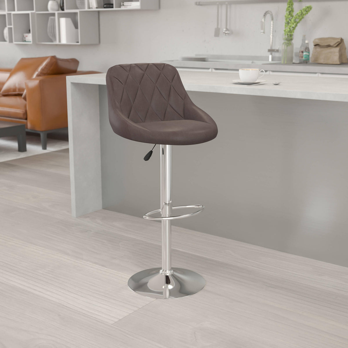 Brown |#| Brown Vinyl Bucket Seat Adjustable Height Barstool with Diamond Pattern Back