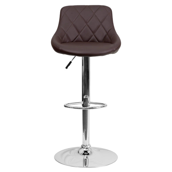Brown |#| Brown Vinyl Bucket Seat Adjustable Height Barstool with Diamond Pattern Back