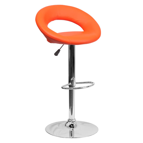 Orange |#| Orange Vinyl Rounded Orbit-Style Back Adjustable Height Barstool w/ Chrome Base