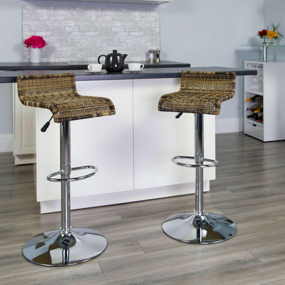Contemporary Wicker Adjustable Height Barstool with Waterfall Seat and Chrome Base