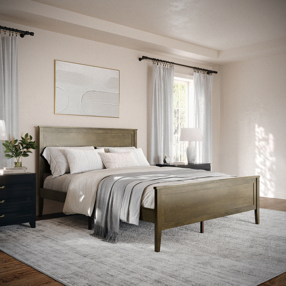 Brown Gray,Queen |#| Wooden Queen Size Platform Bed with Headboard and Footboard in Brown Gray