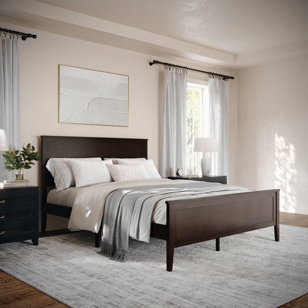 Dark Brown,Queen |#| Wooden Queen Size Platform Bed with Headboard and Footboard in Dark Brown