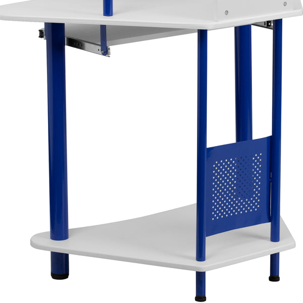 White/Blue |#| Blue Corner Computer Desk with Integrated Hutch and Pull-Out Keyboard Platform