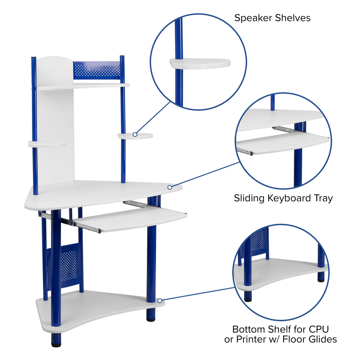 White/Blue |#| Blue Corner Computer Desk with Integrated Hutch and Pull-Out Keyboard Platform