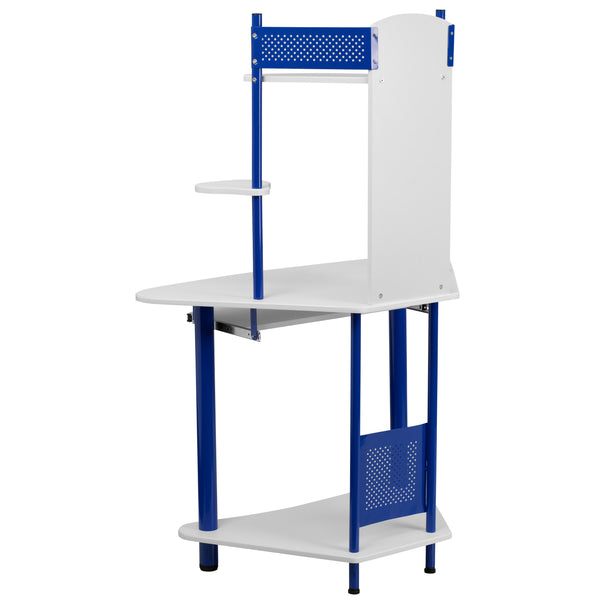 White/Blue |#| Blue Corner Computer Desk with Integrated Hutch and Pull-Out Keyboard Platform