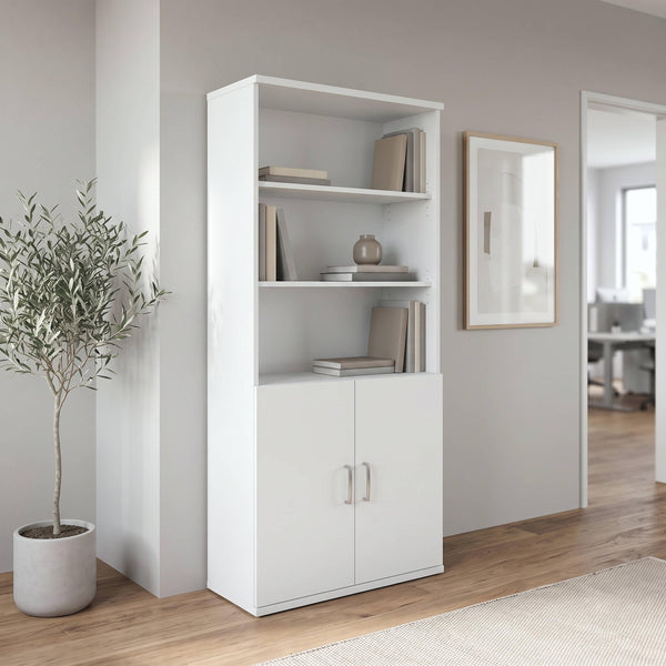 White |#| Commercial 5 Shelf Office Bookcase with Bottom Doors in White