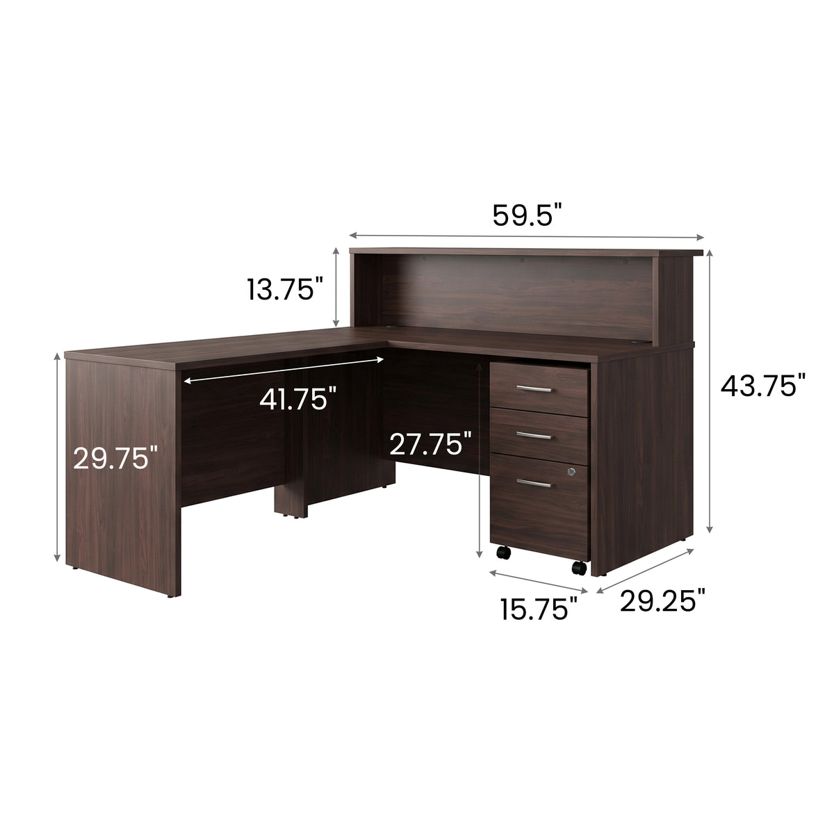 Espresso |#| Commercial 59.5"W x 71"D L Desk with Shelf, 3 Drawer Filing Cabinet, Espresso