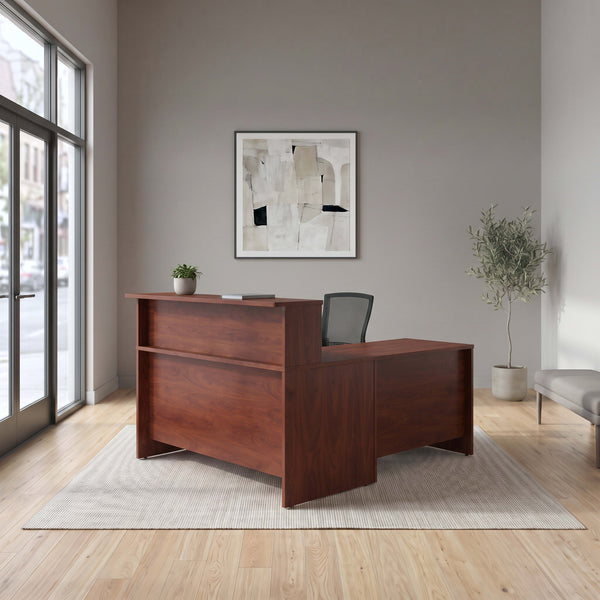 Heritage Cherry |#| Commercial 59.5"W x 71"D L Desk with Shelf, 3 Drawer Filing Cabinet, HE Cherry