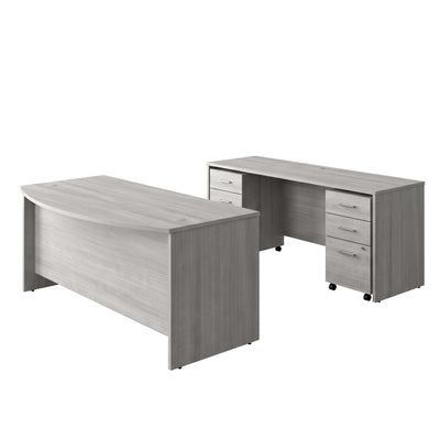 Commercial Bow Front Desk, Credenza, and Dual Filing Cabinets - View 1