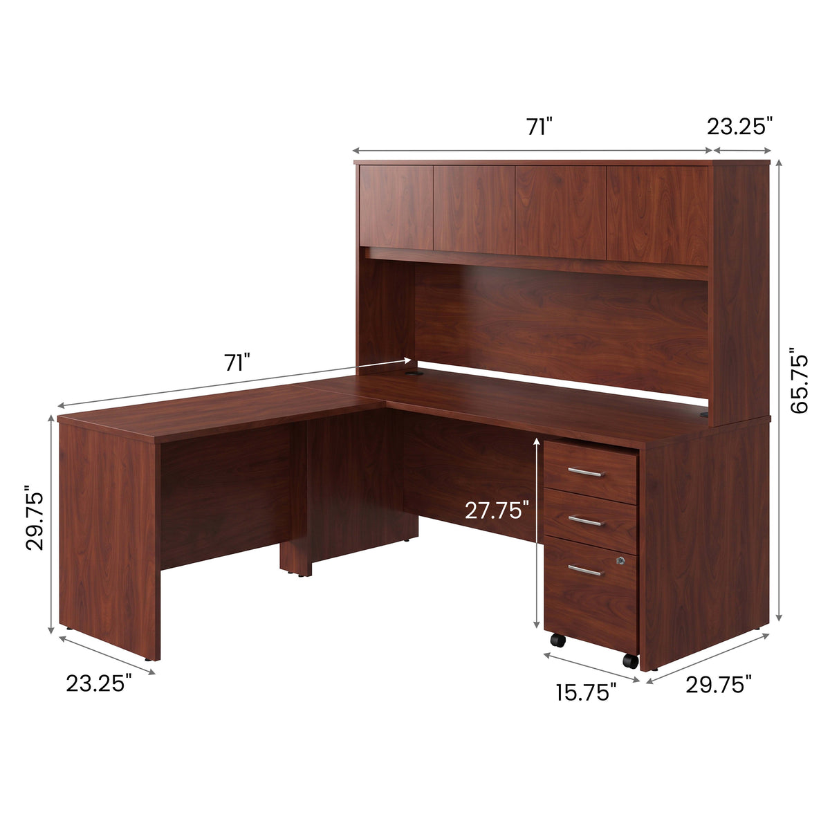 Heritage Cherry |#| Commercial 71"W x 71"D L Desk with 3 Drawer Filing Cabinet, Heritage Cherry
