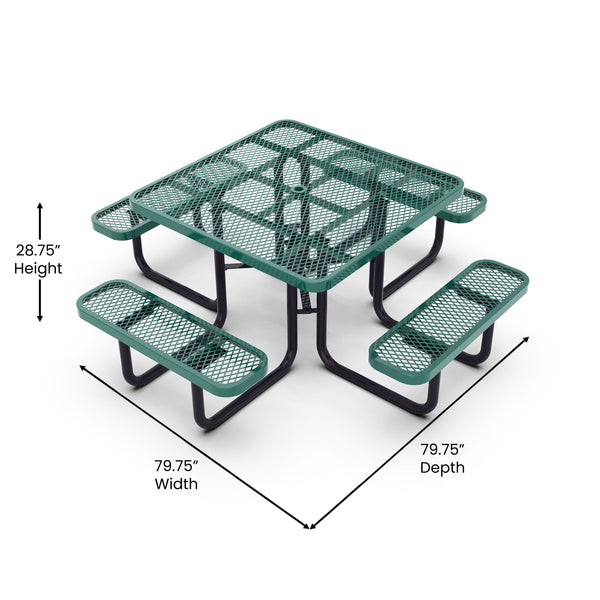 Green |#| Commercial Grade 46 Inch Square Expanded Mesh Metal Outdoor Picnic Table - Green
