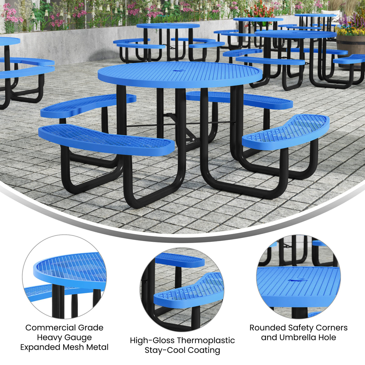 Blue |#| Commercial Grade 46 Inch Round Expanded Mesh Metal Outdoor Picnic Table - Blue