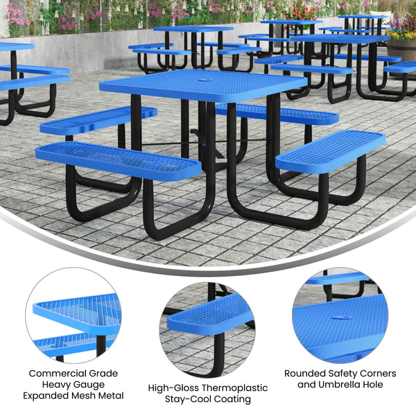 Blue |#| Commercial Grade 46 Inch Square Expanded Mesh Metal Outdoor Picnic Table - Blue