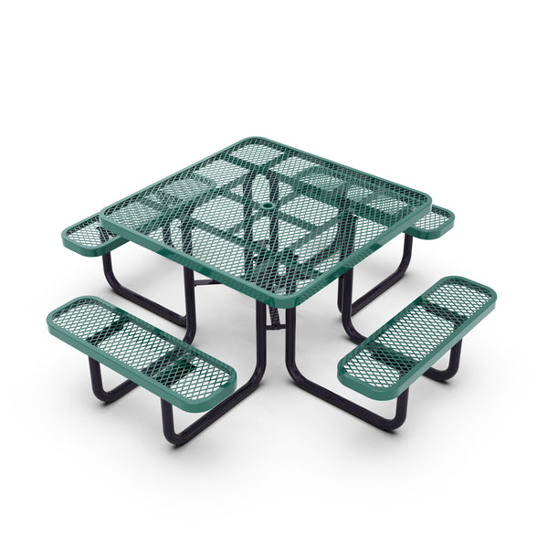 Green |#| Commercial 46 Inch Square Expanded Mesh Metal Picnic Table with Anchors - Green