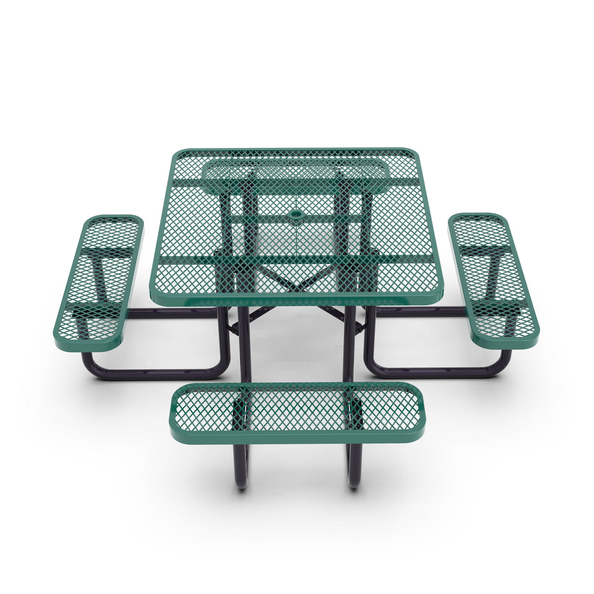 Green |#| Commercial 46 Inch Square Expanded Mesh Metal Picnic Table with Anchors - Green